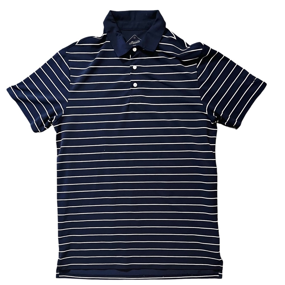 Maude by Bonobos Golf Polo Shirt Medium Navy White Stripe Performance Tee EUC‎